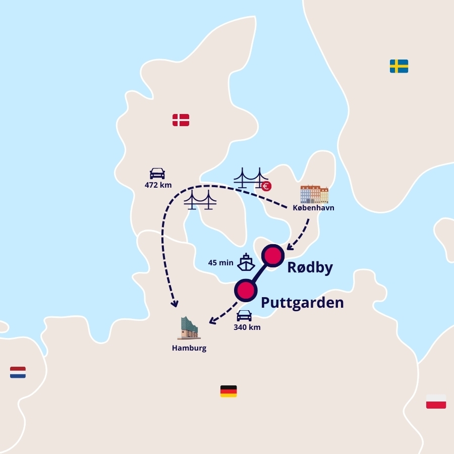 Kort over Rødby-Puttgarden færgen og ruten over broerne