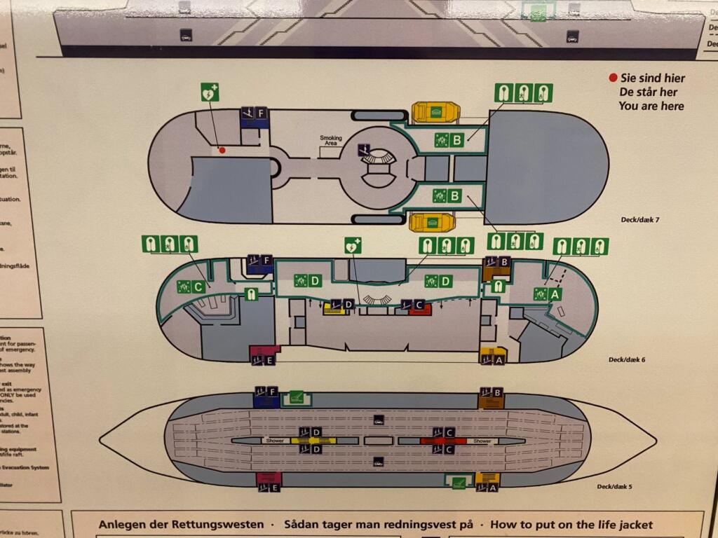 Deck plan and safety board on the ferry