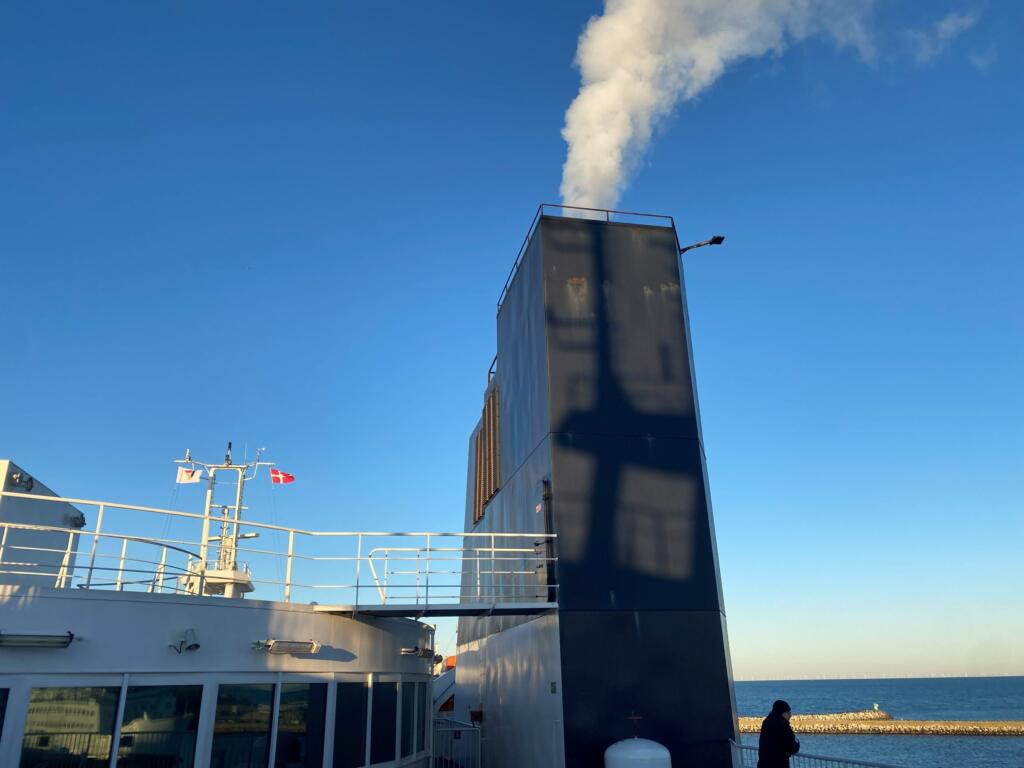 The funnel of the hybrid ferry seen from the sun deck
