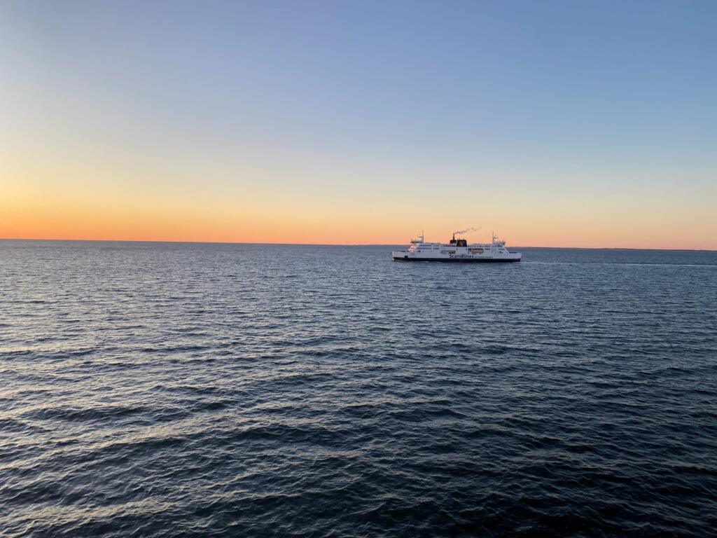 A ferry on the horizon of the Fehmarnbelt
