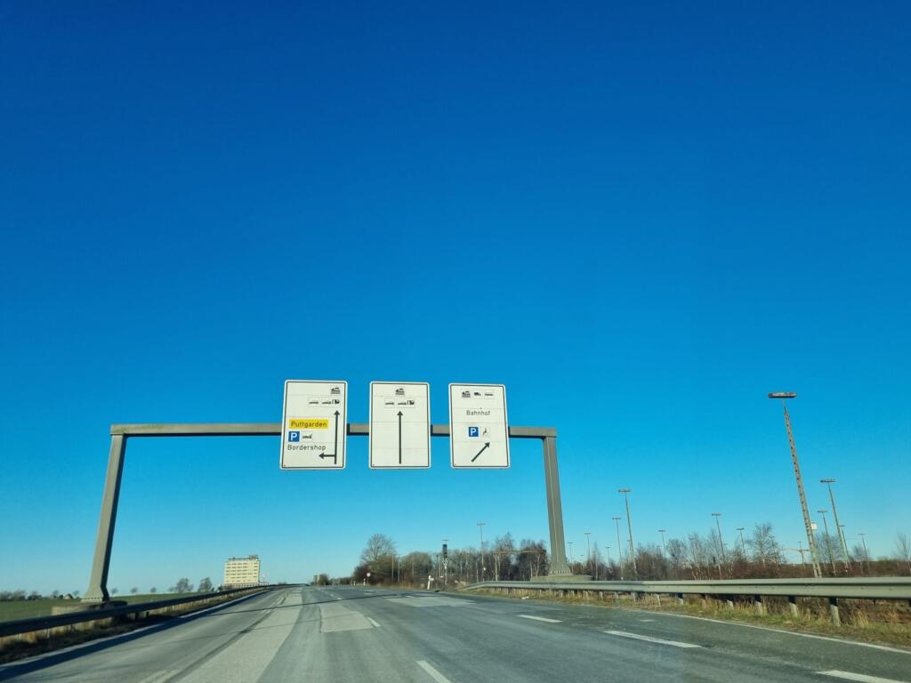 Overhead signs on the road into Puttgarden ferry port