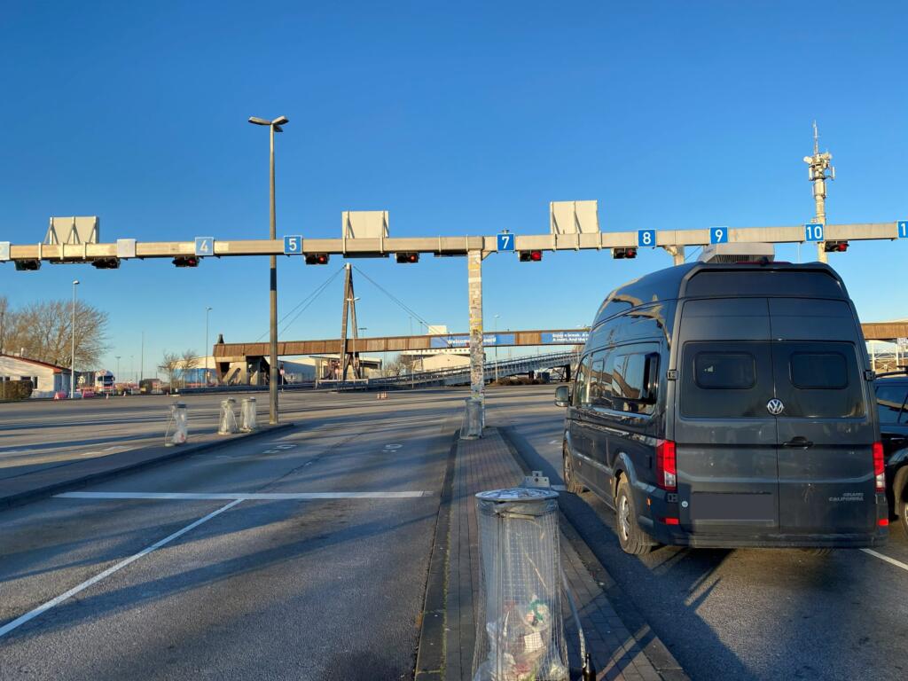 A campervan waiting in the lanes at Puttgarden ferry port