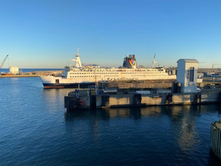 A Scandlines ferry at its berth in Puttgarden, seen from the deck